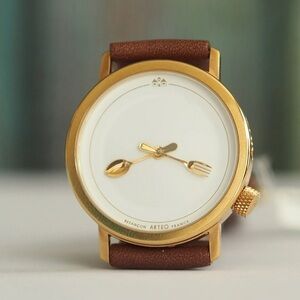 AKTEO Quartz Watch French Gastronomy Gold Bezel Brown Leather Strap Cutlery